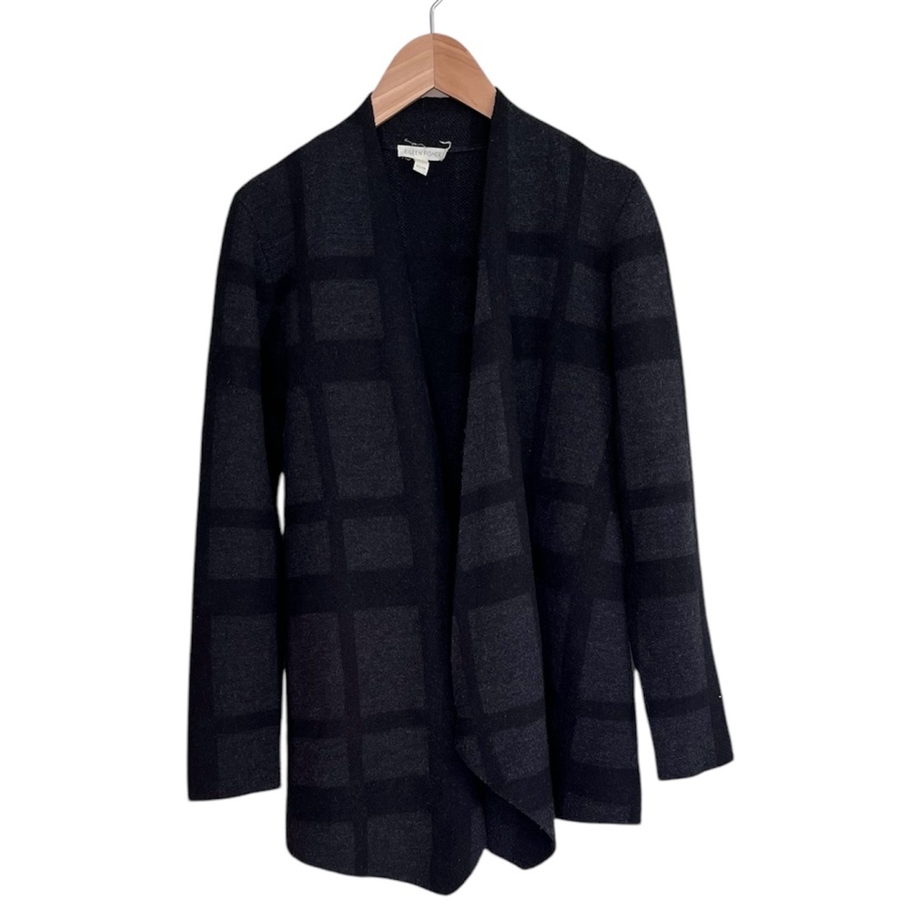 Eileen Fisher Black Gray Windowpane Plaid Open Front … - Gem